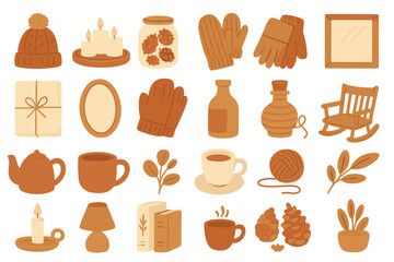 Cozy Winter Hygge Icon Collection — Beanie, Mittens, Candles, Hot Drinks, Pinecones, Rocking Chair & Home Decor on Warm Orange Gradient Vector Illustration