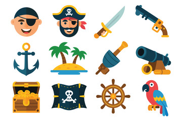 Collection of cartoon pirate elements and symbols for adventure and treasure hunting