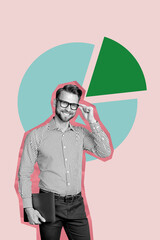 Poster image artwork banner collage of happy businessman hold laptop stand diagram development statistics progress chance