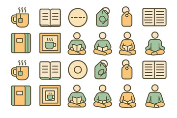 Cozy moments spent reading while enjoying coffee in a warm, inviting atmosphere with simple icons