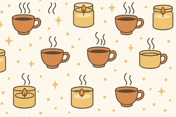 Obraz premium Warm beverages and candles create a cozy atmosphere with a soft background pattern depicting different cups and jars