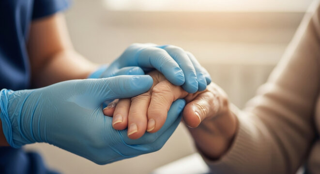 Close-up of a caregiver's hands in blue medical gloves gently holding and comforting the hand of an elderly patient with warm, soft backlighting
