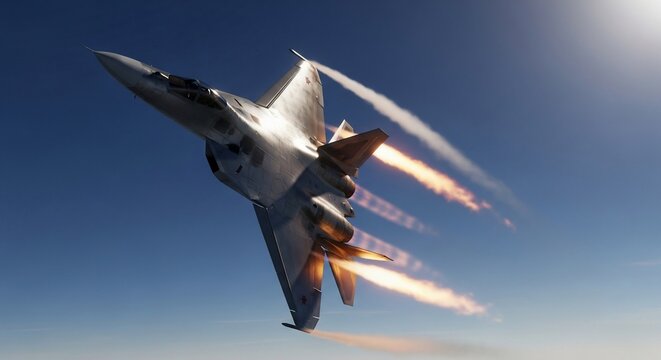 Stealth fighter jet banking sharply with engine afterburners blazing against a clear blue sky - Powered by Adobe