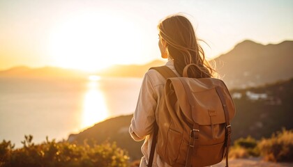 Woman with backpack views sunset over mountains and sea