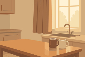 Warm cozy kitchen interior with sunlight, sink, brown and white coffee mugs on wooden table, soft morning atmosphere
