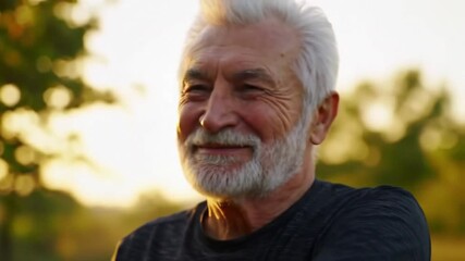 Close-up of a smiling elderly man stretching outdoors at sunrise - Powered by Adobe