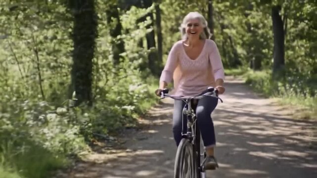 elderly woman riding a bike along a trail in the park, with the wind in her hair