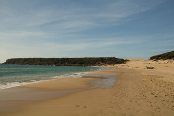 Playa de Bolonia, a slightly wild beach with sand dunes near Tarifa, in southern Spain.