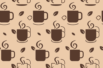 Obraz premium Warm coffee mugs with steam and leaves pattern on a light background in a cozy cafe environment