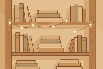 Cozy bookshelf with decorative lights and neatly arranged books in a warm ambiance