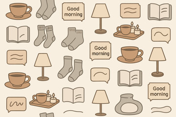 Cozy morning essentials with warm tones featuring coffee cups, candles, books, and socks