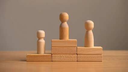 Wooden figures on podium representing success achievement and leadership concept