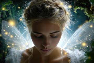 Whispered realm: fairy vision, wing shimmer, forest breeze, luminous spirit, silent grace, hidden glade, tender glow, dreamy figure, enchanted breath, delicate motion, magical trace