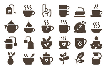 Various tea and coffee symbols represent different brewing methods, cups, and accessories for beverage lovers