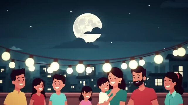 Family gathering on a rooftop at night.  String lights illuminate the scene.  Cartoon style characters