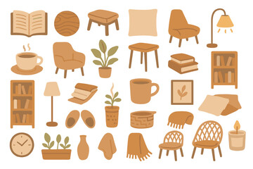 Cozy and warm home decor elements featuring various furniture pieces and accessories