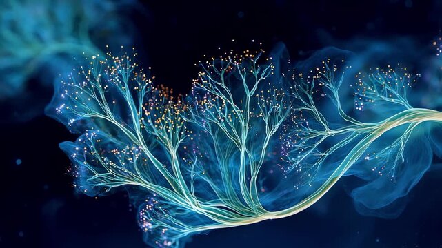 Highresolution microscopic view highlighting electric pulses triggering bright neural branch growth in a digital brain model.