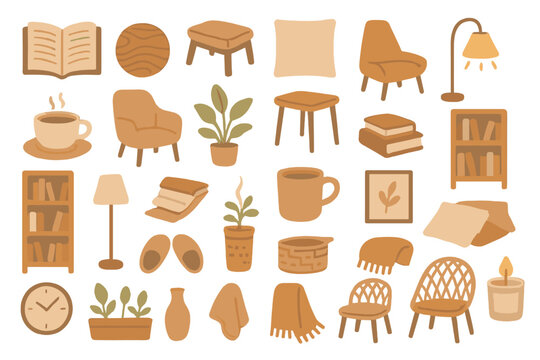Cozy and warm home decor elements featuring various furniture pieces and accessories - Powered by Adobe
