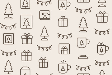 Holiday themed pattern featuring trees, presents, and mugs in a minimalist design
