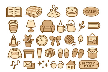 Cozy lifestyle and comfort icons set – warm home elements including books, candles, tea, slippers, blankets, and daily self-care items