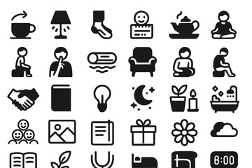 Solid black glyph icons of bedtime and self-care routine: meditation, tea, lamp, socks, moon, bath, plants, books, gifts on neutral background vector illustration