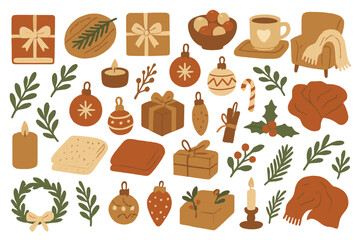 Warm and cozy Christmas flat lay with gifts, ornaments, candles, mugs, greenery, blankets, and festive holiday decor