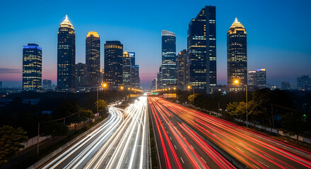 Naklejka premium Atlanta skyline glows above blurred traffic trails in vibrant evening scene