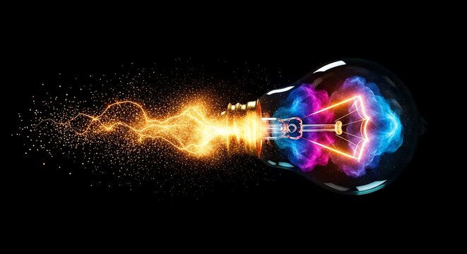Vibrant light bulb exploding with colorful pink and blue smoke and a bright electric spark on black.