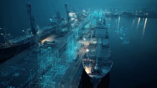 A welllit dock with ships tied alongside where technicians are deploying advanced encryption devices onto vessels visualizing the proactive measures taken to enhance maritime communication