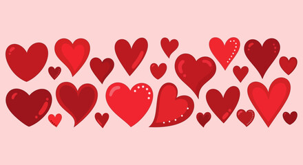 An array of red hearts in various shapes and sizes arranged against a soft pink background.