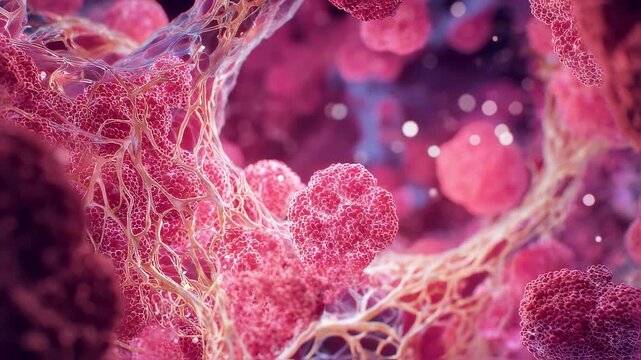 Microscope view of liver cells affected by enzyme deficiency exhibiting abnormal glycogen accumulation and thickened blood flow with acid fog.