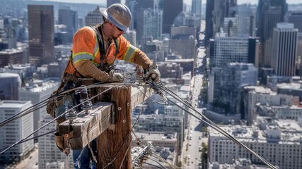Maintenance worker atop wooden utility pole conducts conductor replacement amid urban skyline highlighting critical infrastructure upkeep.