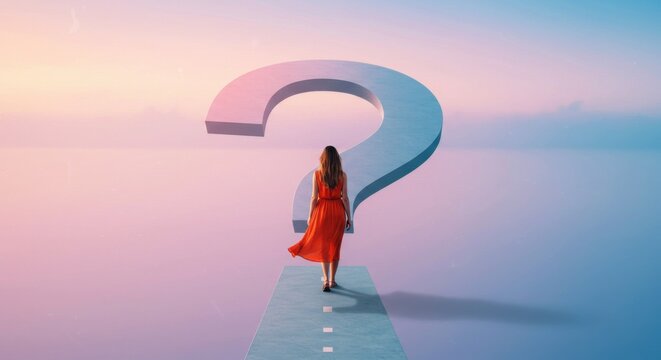 Navigating Uncertainty: A woman, with her back to the viewer, walks towards a giant question mark, symbolizing the journey through uncertainty, in an inspiring photorealistic scene.