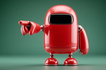 A vibrant red robot with shiny metallic accents, standing confidently and pointing. The background is a smooth green, enhancing the robot's playful design.
