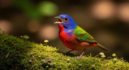 Vibrant Painted Bunting Perched on Mossy Ground with Tiny Mushrooms