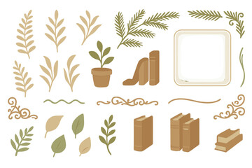 Decorative elements featuring books, plants, and leaves for artistic design projects