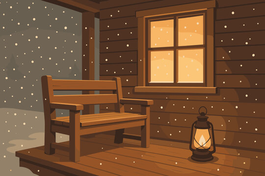Cozy winter evening on a snowy porch with a glowing lantern and warm light from the cabin window