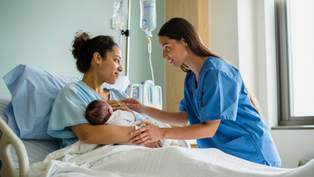 Friendly nurse in blue scrubs smiling at a new mixed-race mother holding her newborn baby in a bright modern hospital room
