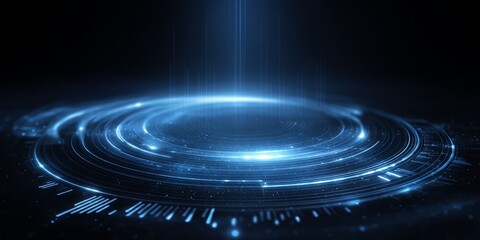 Blue circle with a lot of dots on it. The dots are all different sizes and are scattered all over the circle