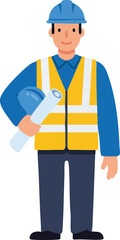 Construction worker wearing blue helmet and yellow reflective vest holding blueprint vector illustration 