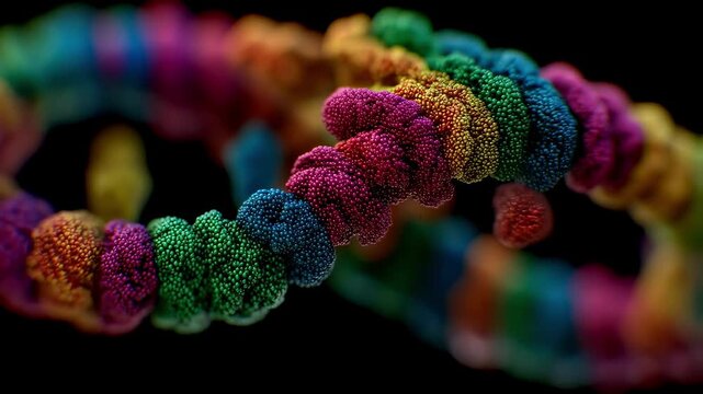 3D microscopic view of genetic recombination showing vibrant gene segments crossing over between paired chromosomes.