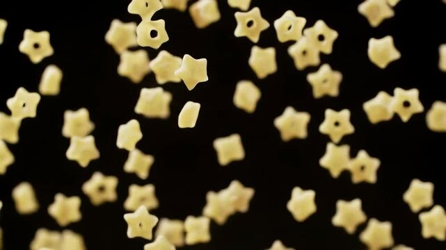 Star-shaped pasta falling against a black background