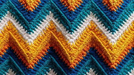Colorful crochet blanket with a zigzag pattern. The colors are blue, yellow, and white