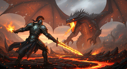 Epic Confrontation: Knight Facing a Fire-Breathing Dragon in a Volcanic Wasteland