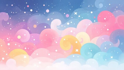 Fototapeta premium Colorful sky with clouds and stars. The sky is filled with a variety of colors, including pink, yellow, and blue