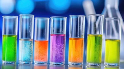 Colorful liquids in test tubes against a blurred background.