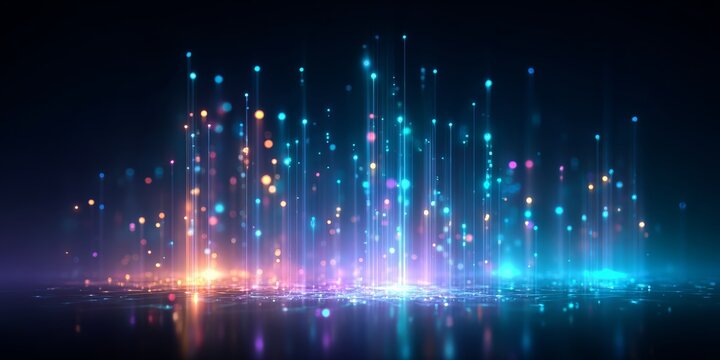 Colorful, glowing, and abstract image of a cityscape with a blue sky. The image is full of bright colors