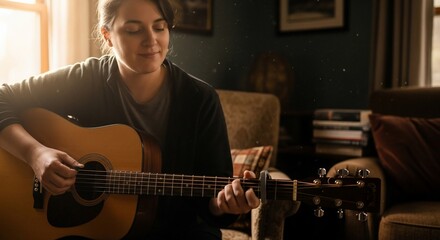 Obraz premium Woman playing acoustic guitar in a cozy room with warm lighting