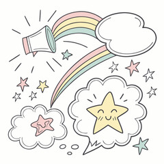 Sunny weather icons with sun clouds and rainbow vector illustration