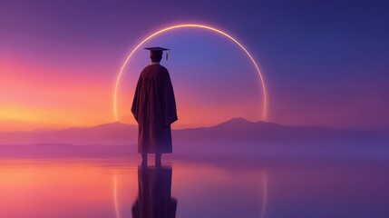 Graduate student stands on a lake at sunset, looking out at the horizon. The scene is serene and peaceful